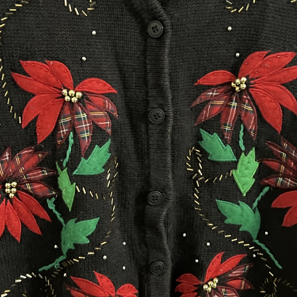 Vtg Bobbie Brooks Womens Plus‎ Sweater Vest Ugly Christmas Poinsettia Black 2XL - Picture 5 of 8